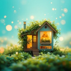 Miniature craft house with double-exposed images.