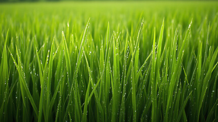 Naklejka premium Lush green rice field with dew covered blades, showcasing nature beauty and tranquility