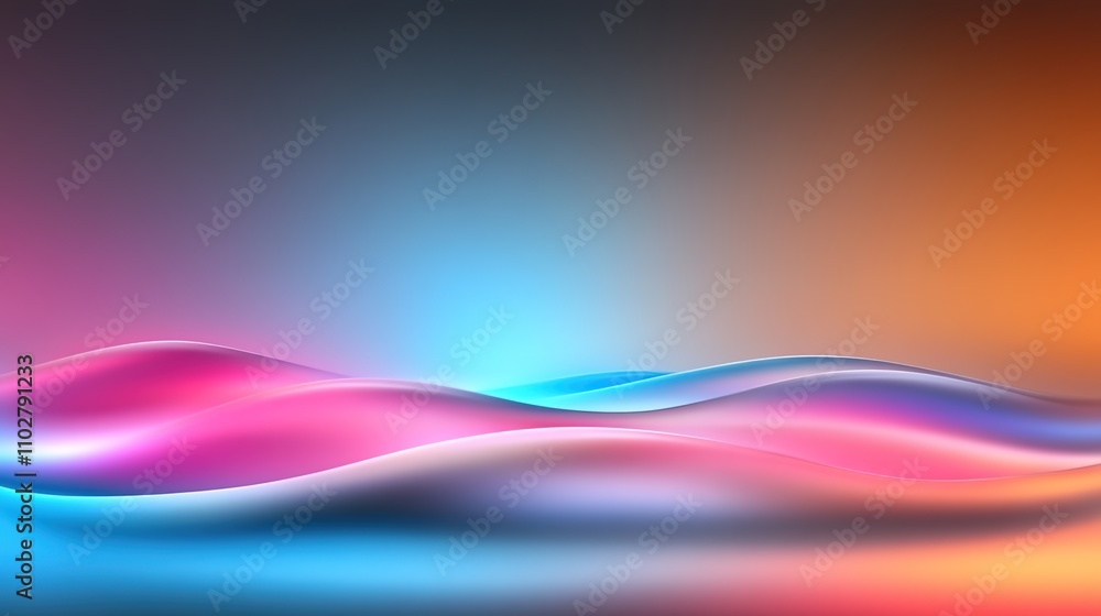 Poster abstract flowing waves of color in vibrant tones of pink, blue, and orange, creating a smooth gradie