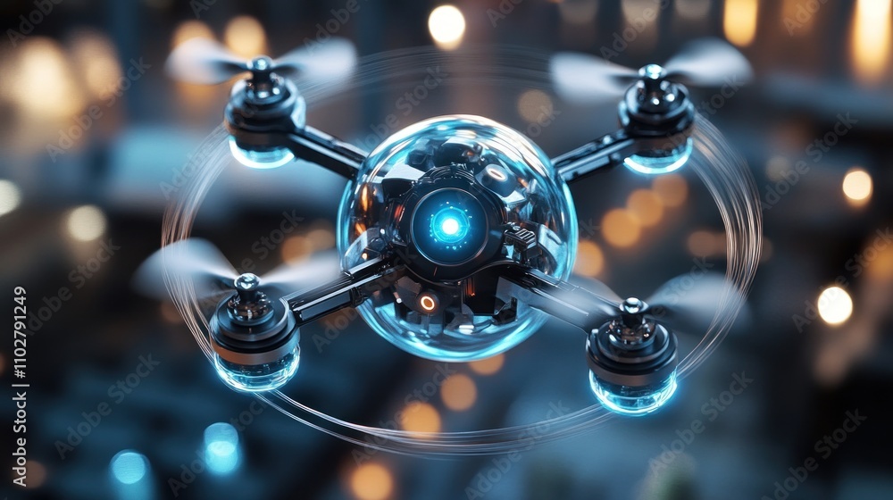 Poster a futuristic drone hovering with illuminated features in a blurred urban setting.