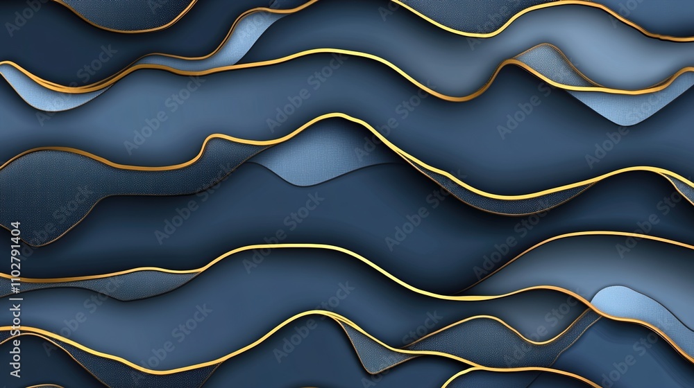 Poster abstract wave pattern featuring smooth curves and flowing lines, with a blend of dark blue and gold 