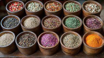 vibrant display of various spices in wooden bowls, showcasing rich array of colors and textures. Perfect for culinary enthusiasts and food photography