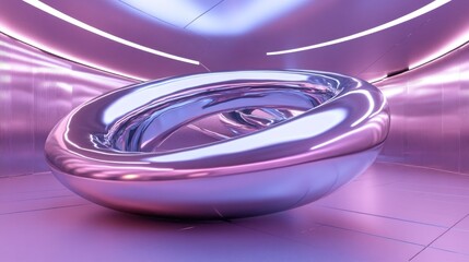 A reflective, abstract sculpture in a futuristic, purple-hued environment.