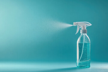 spray bottle with liquid misting against turquoise background creates refreshing atmosphere. fine mist adds sense of cleanliness and vitality