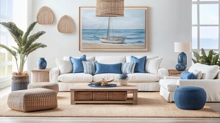 Coastal Living Room with Blue Accents