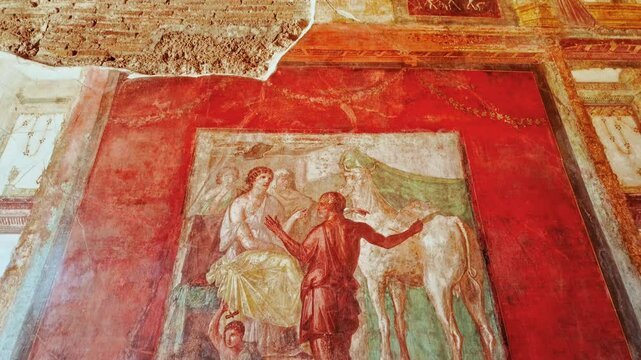 Fresco of Daedalus and Pasiphae at the House of the Vettii (Casa dei Vettii), Pompeii, Naples, Campania, Italy, buried by Vesuvius in 79 AD