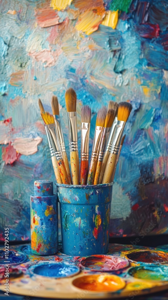 Aufkleber a collection of paintbrushes in a colorful container against a vibrant abstract background.