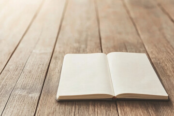 A book is open on a wooden table