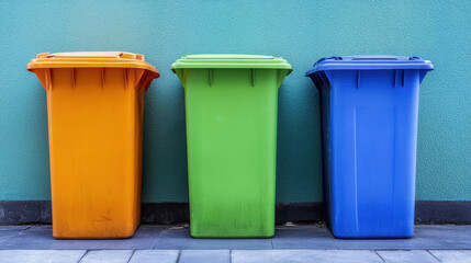 Colorful waste bins lined up against teal wall, promoting recycling and waste management. These bins represent eco friendly practices and community cleanliness