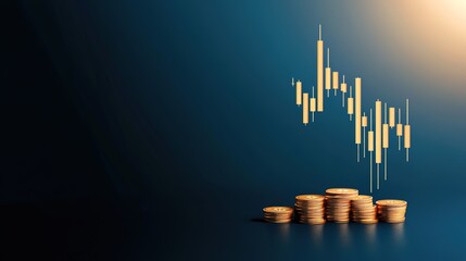 Abstract financial data visualization with golden coins and candle stick chart representing market trends, investment analytics, growth and decline of value in modern economy