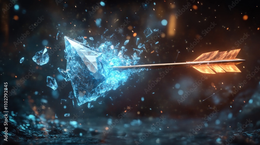 Aufkleber an arrow shatters ice, creating a stunning visual effect with shards and glowing elements.