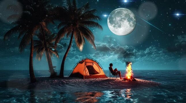 silhouette of a person camping on a small island in the middle of the sea at night with a burning campfire. Virtual 4K video animation background with looping time lapse with very smooth graphics.
