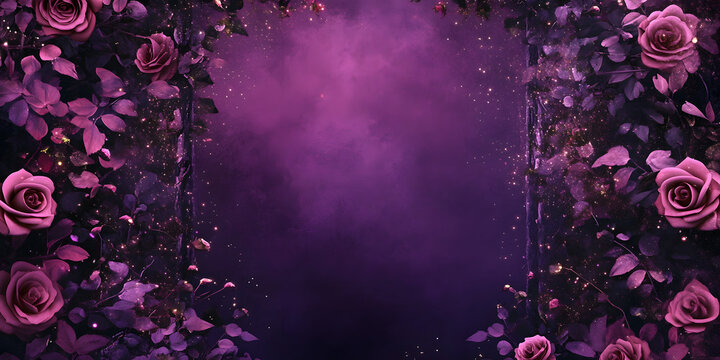 Enchanted garden fantasy artwork, purple floral scene, mystical rose illustration, purple haze Romantasy, magical night garden