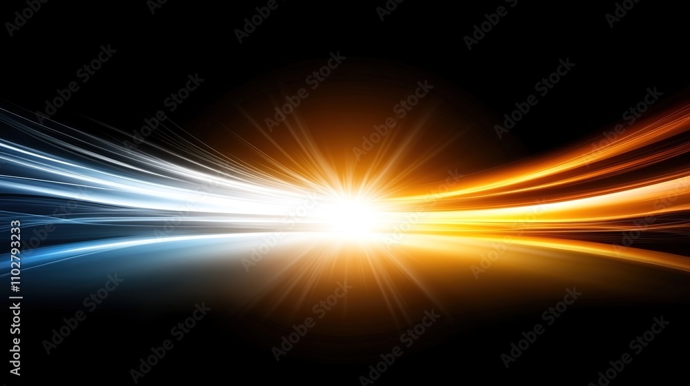 Poster abstract light rays displaying energetic flow with blue and orange accents on a black background for