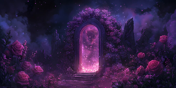 Mystical Portal Garden Night Sky Fantasy Art Dreamy Enchanted Landscape Galaxy Inspired Scenery, Romantasy