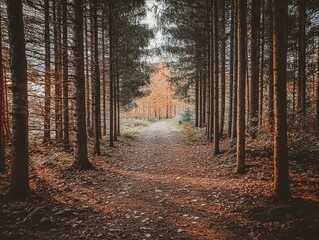 Obraz premium Exploring a Serene Forest Trail Tall Pine Trees Nature Walk Autumn Vibes Tranquil Path Outdoor Adventure