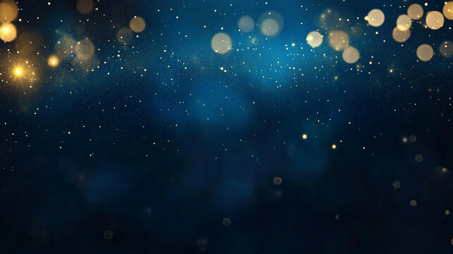 Abstract blue background with scattered gold glitter and bokeh with glow effect luxury christmas or new year celebration background design
