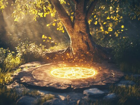 Wiccan ethics in practice, serene setting with glowing representations of the Rule of Three, harmonizing wisdom and modernity
