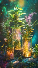 Wiccan herbal magic, glowing herbs and enchanted plants arranged in futuristic containers, creating a blend of nature and modern spirituality