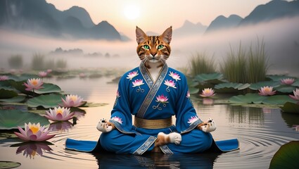 A serene Bengal cat, in a blue robe, finds inner peace while meditating amidst a tranquil lotus pond at dawn.