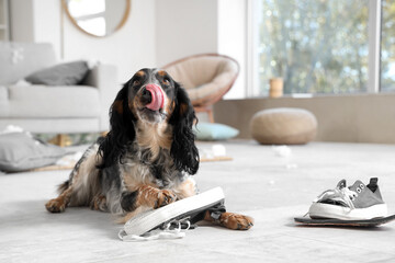 Naughty cocker spaniel chewing shoes in messy living room