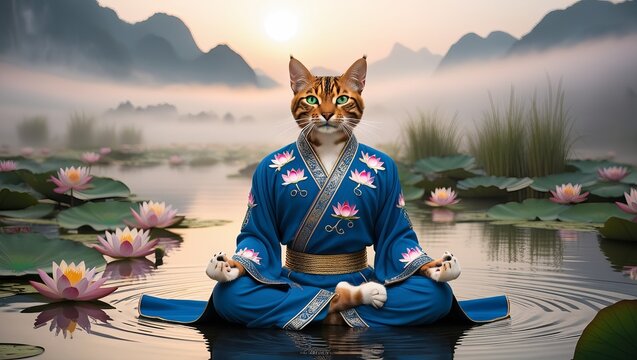 A serene Bengal cat, in a blue robe, finds inner peace while meditating amidst a tranquil lotus pond at dawn.