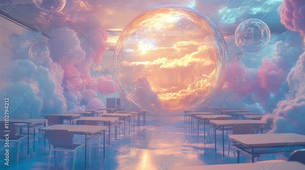 Aufkleber a surreal classroom scene filled with colorful clouds and a large bubble reflecting a sunset.