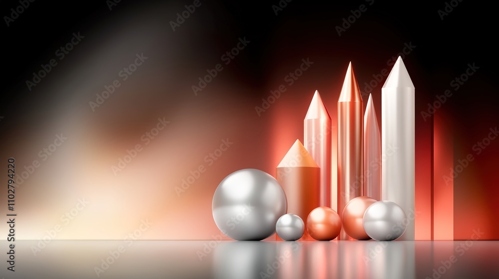 Poster abstract composition of geometric shapes featuring metallic objects in silver, gold, and copper tone