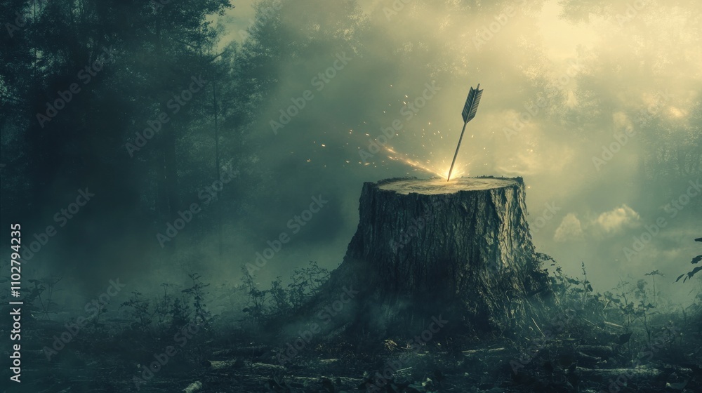 Poster an arrow embedded in a tree stump amidst a misty forest, creating a mystical atmosphere.