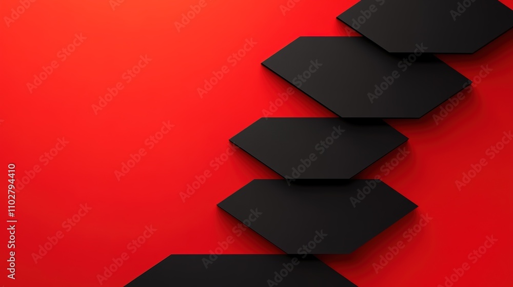 Poster abstract composition of black geometric shapes arranged in a staggered formation on a vibrant red ba