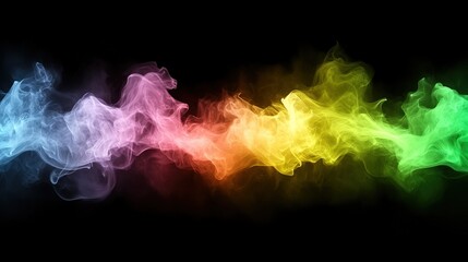 Vibrant Multicolor Smoke Wave on a Dark Background Displaying a Spectrum of Colors in Ethereal Swirls and Fluid Movement
