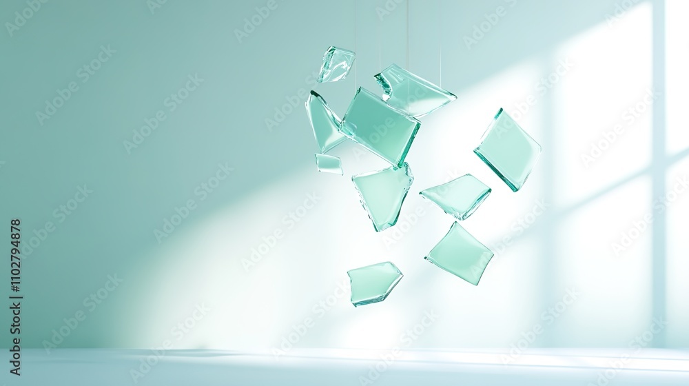 Poster artistic display of floating broken glass pieces in soft light illuminating a serene interior space 