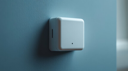 White square device mounted on a blue wall.