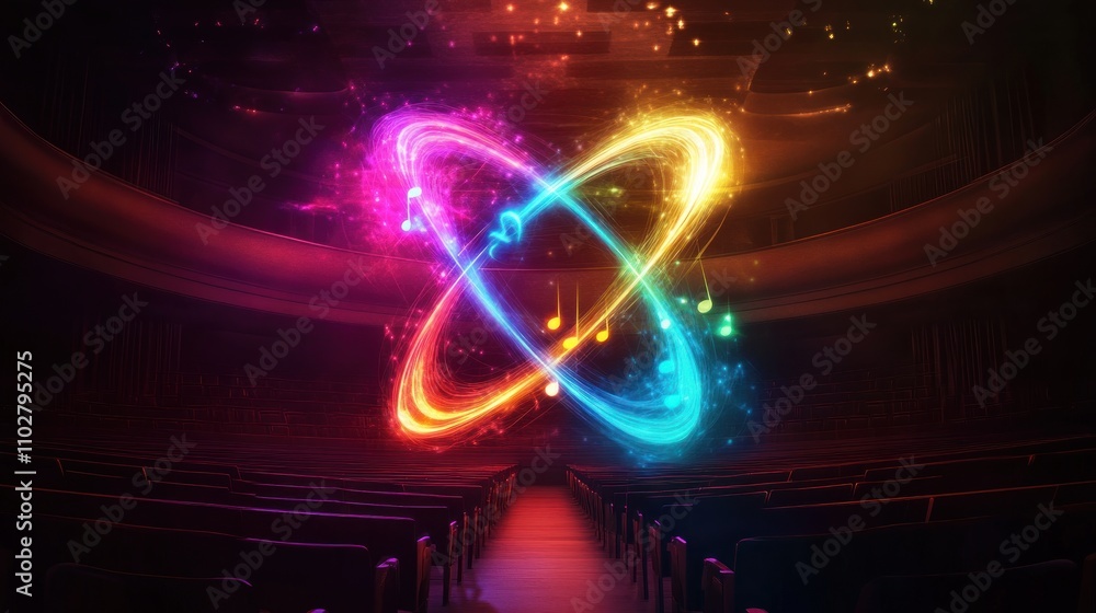 Aufkleber a colorful atom design symbolizing science and creativity in a theatrical setting.