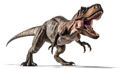 A Roaring Tyrannosaurus Rex Dinosaur in a Dramatic Pose Against a White Background