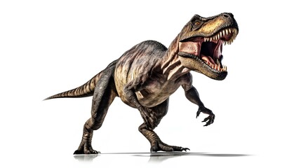 A fearsome Tyrannosaurus Rex digital illustration showcasing its imposing presence and powerful jaws against a stark white background. The detailed rendering emphasizes the dinosaur