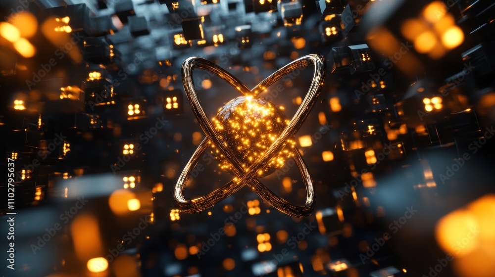 Aufkleber a digital representation of an atom surrounded by glowing particles and cubes.