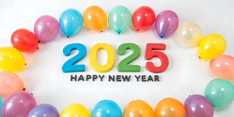 2025 Happy New Year 3D Number with Colorful Balloons Isolated on White Background"