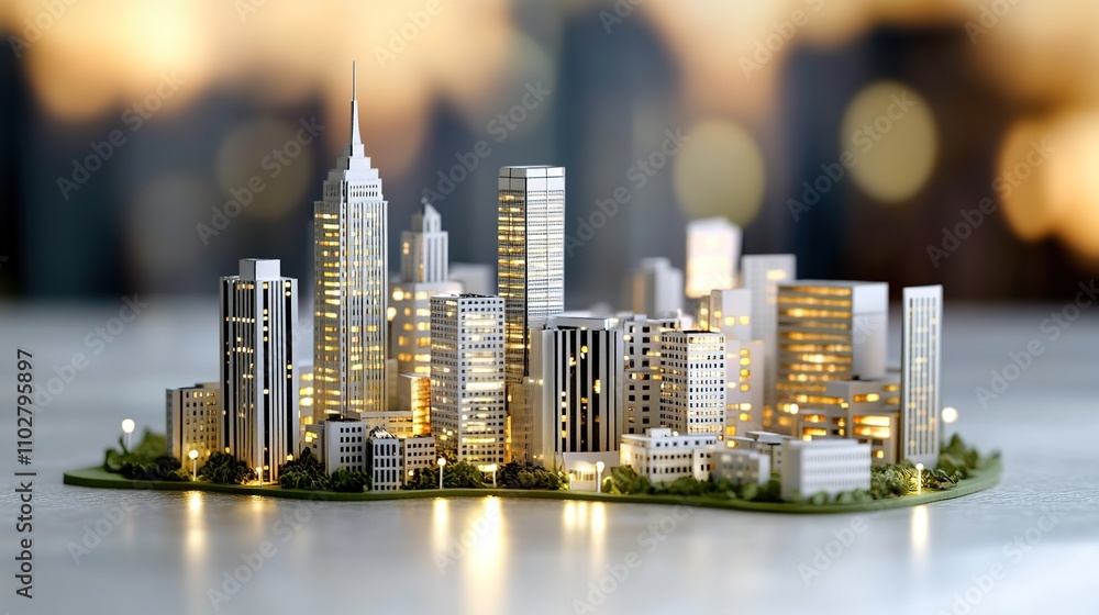 Poster detailed miniature cityscape model with modern skyscrapers and soft lighting, showcasing urban archi