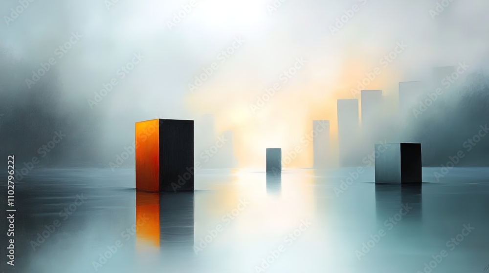 Poster abstract minimalistic scene with isolated geometric shapes in foggy landscape, showcasing reflection