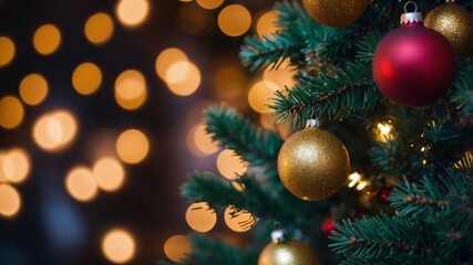 Close-up of gold and red ornaments on a Christmas tree with bokeh lights in the background.