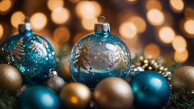 Close-up of teal and gold Christmas ornaments with a blurred bokeh background. Festive holiday decoration.