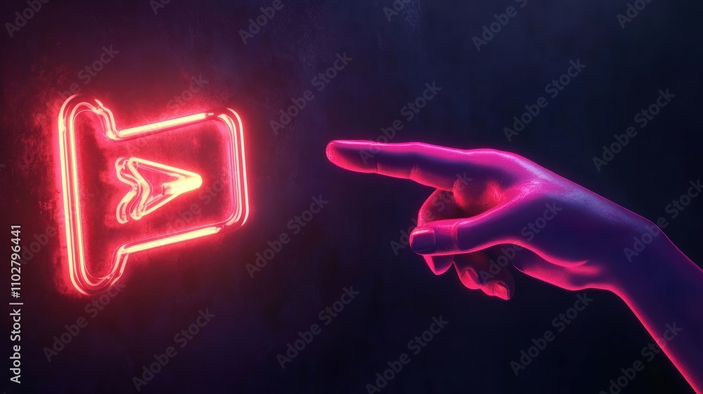 Poster a neon hand pointing towards a glowing play button on a dark background.