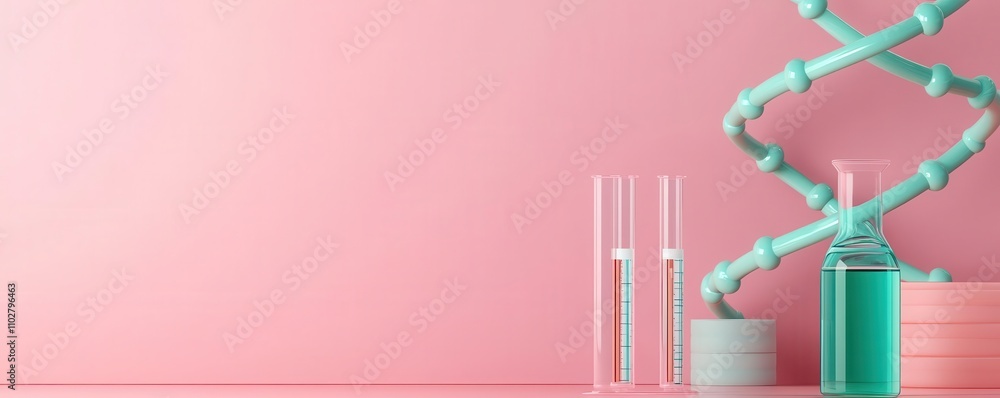 Poster a minimalist laboratory setup featuring test tubes and a flask against a pink background, complement