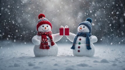 Fototapeta premium Two adorable snowmen in winter hats and scarves exchange a Christmas gift in a snowy scene. Festive and heartwarming.