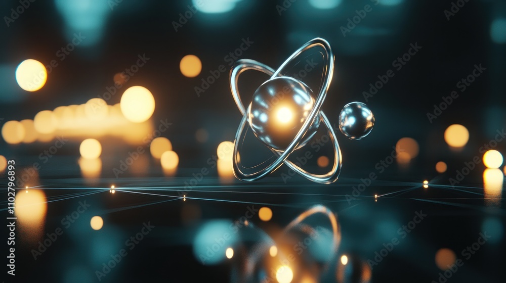 Poster a 3d representation of an atom with glowing elements, symbolizing scientific concepts.