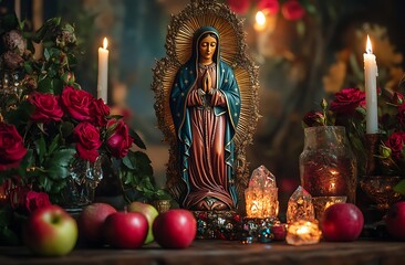 Religious Altar with Virgin Mary Statue, Candles, Roses, and Apples in a Sacred Setting
