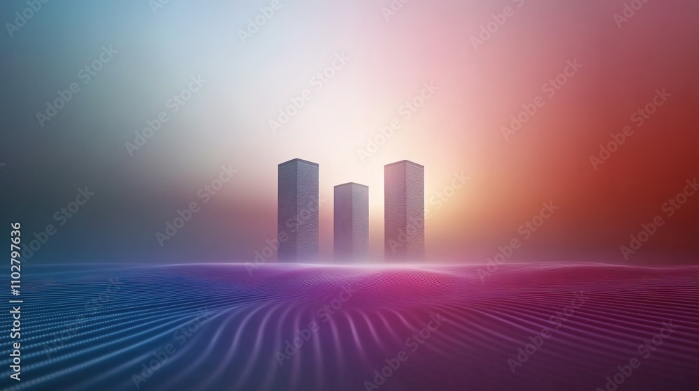 Poster abstract representation of futuristic skyscrapers emerging from colorful mist with a gradient backgr