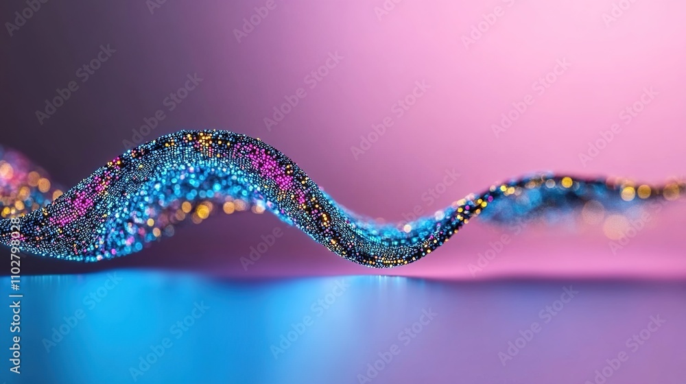 Poster colorful 3d wave of light particles flowing smoothly with vibrant hues and soft glows on a subtle gr