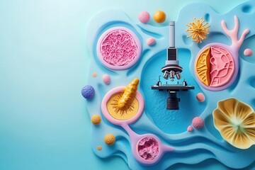 Naklejka premium Colorful scientific illustration featuring a microscope surrounded by vibrant representations of cells and microorganisms.